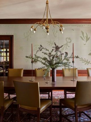 Frances Merrill, Tudor Dining Room, Reath Design, Dedar Fabric, 1920s House, Ceiling Murals, Bespoke Sofas, Wood Arch, Slipper Chairs