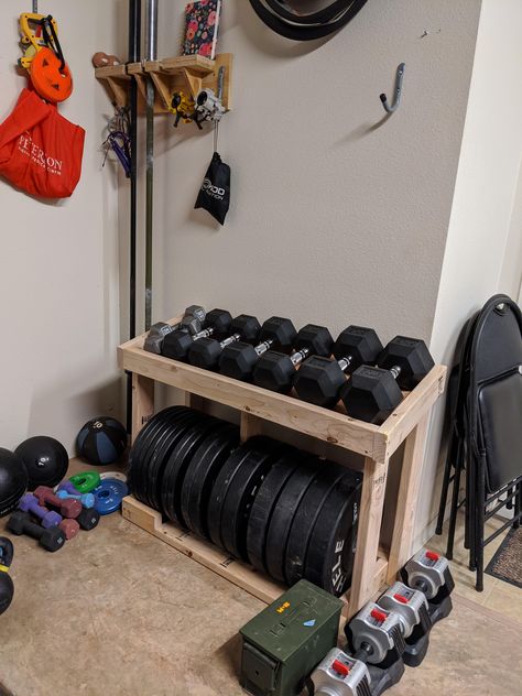 New DIY weight rack. Working from home has given me enough time to get my garage organized. Garage Weight Rack, Diy Weight Rack, Diy Weights, Dumbell Rack Diy, Diy Dumbbell Rack, Diy Weight Rack For Dumbbells, Homemade Dumbbell Rack, Gym Rack, Dumbbell Storage