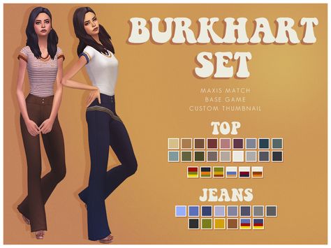 smubuh: “ ♡BURKHART SET♡ I love That 70′s Show, it’s actually where we got the name idea for our puppy Mila! This top and bottom are inspired by the show. The set comes with a top and some flared jeans. Both have solid swatches and the top has some... Sims 4 Maxis Match, Name Idea, Sims 4 Decades Challenge, Sims 4 Mm Cc, Sims 4 Mm, Sims4 Clothes, Matching Mom, Sims 4 Cas, Sims 4 Cc Finds