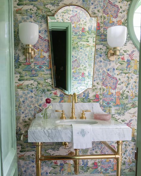 Entry and Stairs East Coast Style, Powder Bathroom, Trellis Wallpaper, Enchanted Home, Atlanta Homes, Luxe Interiors, Powder Bath, Lavatory Faucet, Stylish Bathroom