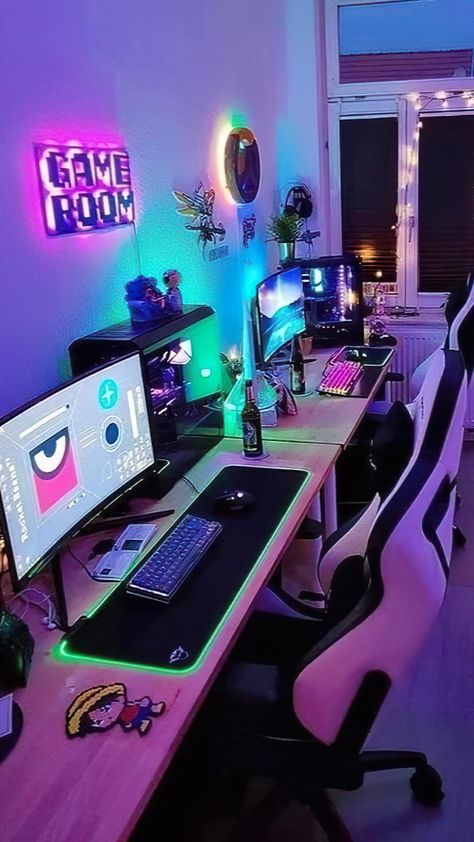 Couples Gaming Room Setup with beautiful RGB Ambient Lighting Couple Gaming Room Setup, Games Room Inspiration, Pc Gaming Desk, Game Setup, Gaming Desk Setup, Best Gaming Setup, Computer Gaming Room, Gamer Setup, Computer Set