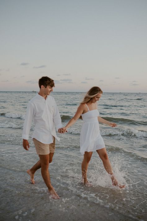 Couple Beach Pictures Outfits Engagement Photos, Beach Engagement Portraits, Simple Couple Beach Pictures, Beach Outfits For Photoshoot, Couple Photos In The Ocean, Husband Wife Beach Pictures, Beach Couples Outfits, White Outfit Beach Pictures Couple, Diy Beach Photoshoot Couples