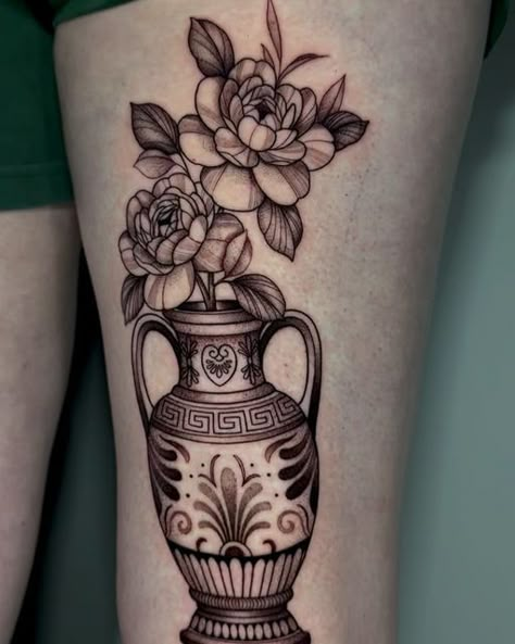 Vase Calf Tattoo, Gothic Vase Tattoo, Flowerpot Tattoos, Vase Tattoo, Calf Tattoo, March 19, My Tattoos, New Tattoo, Flower Tattoos