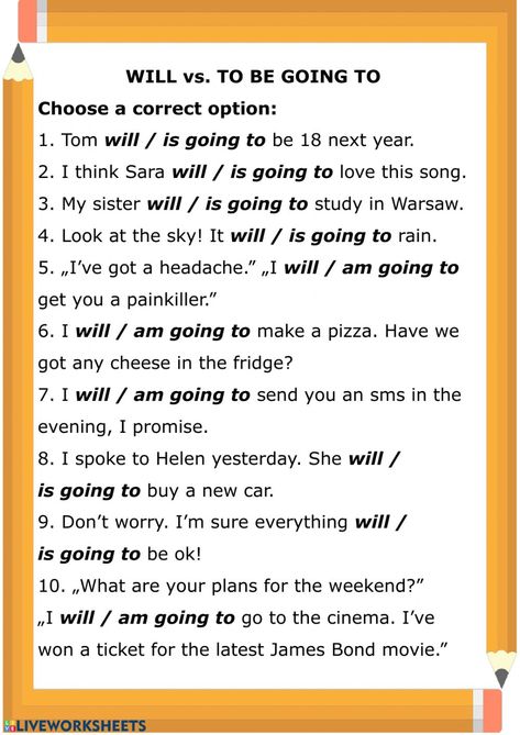 WILL vs. GOING TO - Interactive worksheet Will Vs Be Going To Worksheet, Will Or Going To Worksheet, Will Vs Going To Worksheets, English Grammar Exercises, Grammar Exercises, English For Beginners, English Exercises, Teaching English Grammar, English Grammar Worksheets