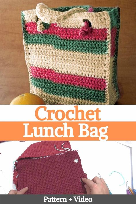 Crochet Lunch Bag, Box Bag Pattern, Lunch Bags Pattern, Crochet Feather, Bag Video, Crochet Market, Crochet Bottoms, Crochet Box, Free Crochet Bag