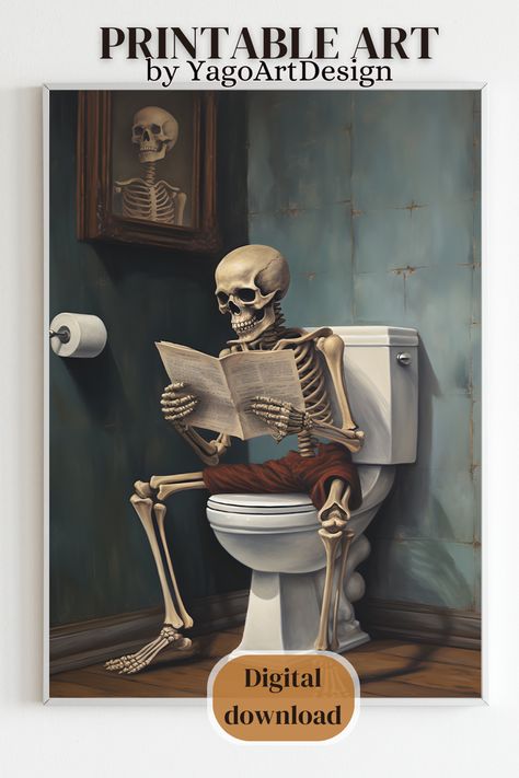 Bathroom Halloween, Reading A Newspaper, Painting Funny, Poster Halloween, Halloween Wall Art, Halloween Painting, In Bathroom, Wall Art Vintage, Halloween Skeleton