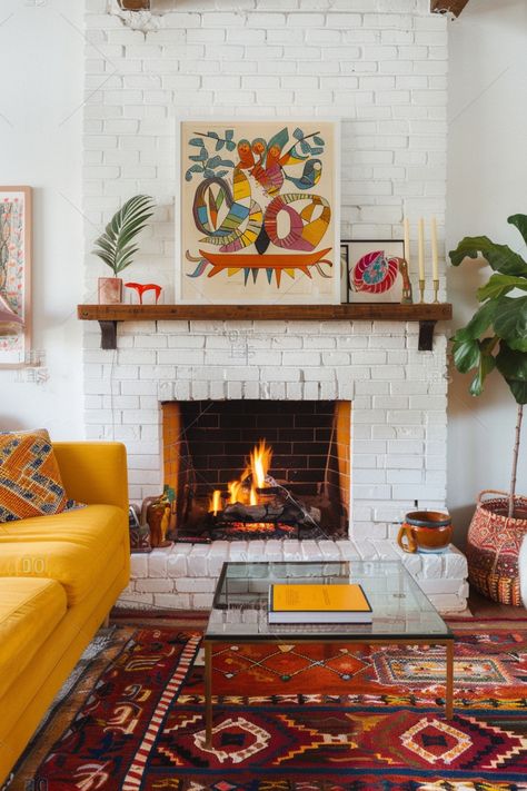 A white brick fireplace can look amazing in your living room if you follow these 15 tips. Bohemian Living Room Fireplace, Living Room White Brick Fireplace, Fireplace Renovation Ideas, Tiny Living Room With Fireplace, Fireplace Cottagecore, Decorate Brick Wall, Brick Chimney Living Room, Decorating Inside Fireplace Ideas, Small Living Room Ideas With Fireplace