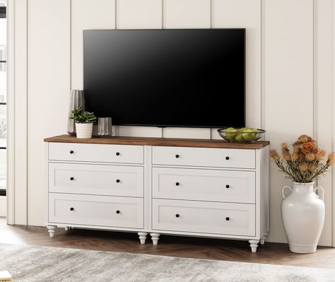 PRICES MAY VARY. 【2-in-1 Multipurpose Dresser TV Stand】The 2-in-1 large dresser can be used together as 6 drawer dresser or tv stand for 75 inch tv, or used separately as two 3 drawer dressers with distresser suface is very classic and elegant which blends in easily with any decor. It is ideal as a baby dresser, kids dresser and console table, etc. 【Ample Storage Space】Featuring 6 deep drawers, the 70 inch wood tv console is great to organize your clothes, blankets, etc. The bedroom dresser maxi Dresser With Tv Mounted Above Bedroom, Tv Dresser Living Room, Tv And Dresser Bedroom, Dresser Styling With Tv, Dresser Kids, Tv Dresser, 60 Inch Tv, Vintage Tv Stand, 75 Inch Tv