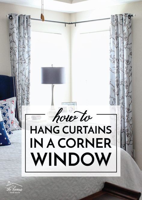 How to Hang Curtains In a Corner Window - The Homes I Have Made How To Hang Curtains On Corner Windows, How To Hang Curtains In A Corner, Corner Window Decorating Ideas, Corner Window Styling, Drapes For Corner Windows, Corner Window Treatments Living Room, Curtains For Corner Windows Bedroom, Corner Curtain Rod Ideas, Curtains For Corner Windows