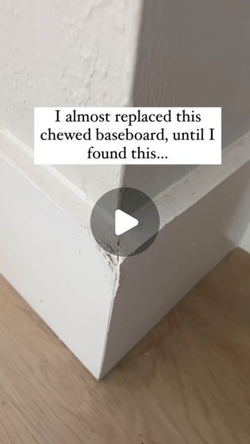 Kayse | Decor, Thrifting & DIY on Instagram: "Confession: this baseboard corner has been chewed for over 4 years from baby Goldie 🦮  I thought in order to fix it, I had to pull off the entire baseboard. That was until a contractor informed of a little tube of magic: wood filler.   For under $10, I was able to fix it up and make it look new again. Super simple: putty on affected area, mold to shape, let dry, sand to shape, and paint.   Easy peasy!   Wood filler used @thegorillagluecompany   #diyhome #homehacks #homerenovations" How To Fix Baseboards, Repairing Baseboard Trim, How To Cut Baseboard Corners, How To Fix Chipped Baseboards, How To Fix Chewed Baseboards, Faux Thick Baseboard Trick, Diy Baseboards, Thrifting Diy, Magic Wood