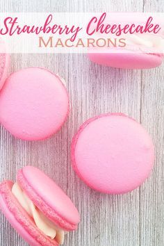 Strawberry Cheesecake Macarons - they are so tasty and delicate. They are possibly one of my favorite desserts ever! The cookies are nice and crunchy on the outside and chewy on the inside. Matched with a yummy cream cheese filling, ah, HEAVEN! #cheesecake #macarons #strawberry #strawberrymacarons #dessert #strawberrycheesecake #dessert Macarons Strawberry, Cheesecake Macarons, Macarons Pink, French Macaroon Recipes, Macaron Filling, Macaroon Cookies, Macaron Recipes, Macaron Flavors, Pink Ideas