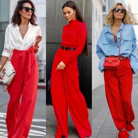 Red Trousers Outfit Classy, Red Pants Fashion, Red Trousers Outfit, Red Jeans Outfit, Outfit Pantalon Rojo, Red Pants Outfit, Casual Chique Stijl, Red Wide Leg Pants, Red Trousers