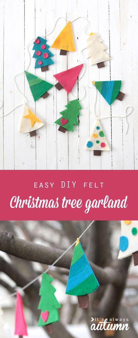 cute Christmas tree garland - Land of Nod knockoff - easy DIY holiday decoration Christmas Tree Crafts Diy, Diy Christmas Tree Garland, Diy Felt Christmas, Diy Felt Christmas Tree, Felt Tree, Christmas Tree Decorations Diy, Christmas Tree Garland, Christmas Tree Crafts, Cute Christmas Tree