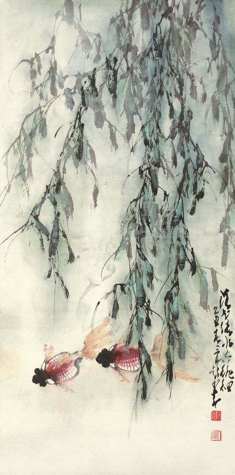 Japanese willow tree with Carp Chinese Willow Tree, Willow Tree Embroidery, Japanese Willow Tree, Seoul Tattoo, Tree Pencil Sketch, Victory Tattoo, Japanese Ink Painting, Flowers Paintings, Japanese Watercolor