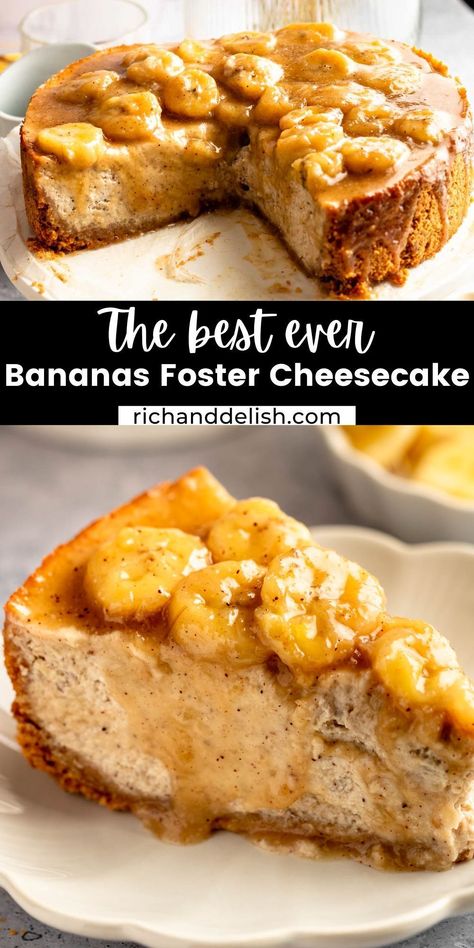 This bananas foster cheesecake features a cinnamon graham cracker crust, banana cheesecake filling, and a decadent caramelized banana topping. Banana Topping, Cinnamon Graham Cracker Crust, Mini Banana Muffins, Banana Coffee Cakes, Caramelized Banana, Spring Form, Banana Cheesecake, Bananas Foster, Banana Dessert