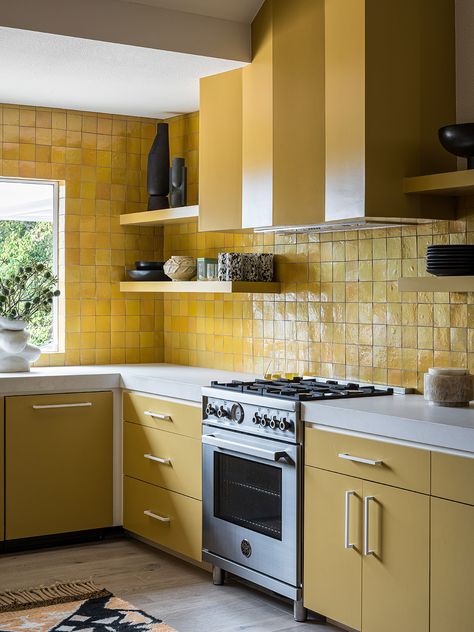 How to Have a Bright Yellow Kitchen and Not Feel Overwhelmed by It Tile For Bathroom, Living Room And Kitchen Design, Before After Kitchen, Yellow Cabinets, Zellige Tiles, Tiles For Bathroom, Ceramic Subway Tile, Small Tiles, Living Room Design Inspiration