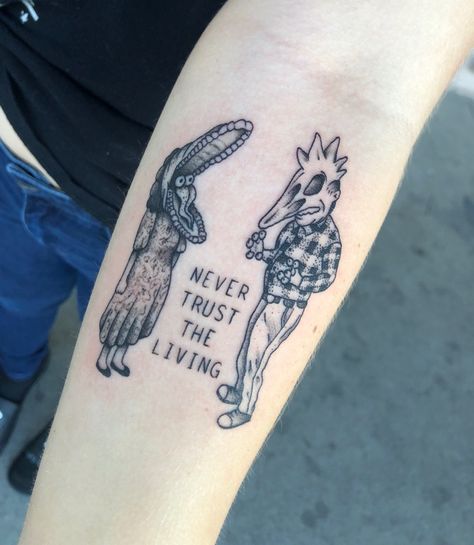 Beetlejuice tattoo Sandworm Tattoo, Hills Tattoo, Beetlejuice Tattoo, Tim Burton Tattoo, Never Trust The Living, Quote Tattoo, Movie Tattoos, Scary Tattoos, Theme Tattoo