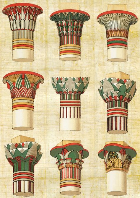 Egyptian Columns Drawing, Ancient Egyptian Motifs, Egyptian Columns, Egyptian Design Pattern, Ancient Egypt Architecture, Ancient Egypt Hieroglyphics, Egypt Architecture, Ancient Egypt Pyramids, Ancient Egyptian Architecture