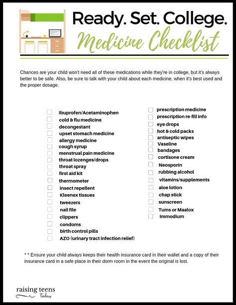 Every college student needs to have a well-stocked medicine chest in their dorm or apartment in the event they get sick or experience a minor injury. From cough syrup and a first aid kit to bandages and allergy medicine, our handy FREE Printable Medicine Checklist  is the list you need to stay healthy in college! #college #collegedorm #collegefreeprintable Medicine Checklist, Grad Party Checklist, College Dorm Supplies, College Dorm Checklist, College Dorm Organization, Dorm Checklist, Medicine Kit, Dorm Shopping, College Packing Lists