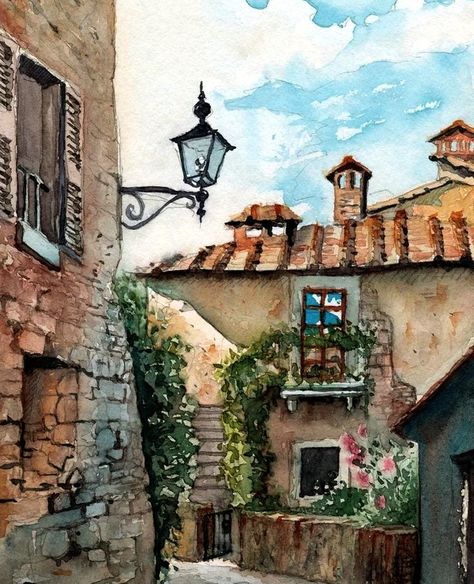 Easy Architecture Sketch, Italy Sketches, Underwater Drawing, Italy Illustration, Watercolor Pencil Art, Tuscany Landscape, Sketch Watercolor, Toscana Italy, Watercolor City