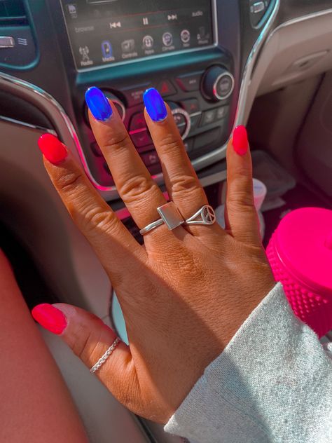 Bright nails| neon nails | spring nails | spring nails 2023 | summer nails | hot pink nails | nails 2023 Summer Nails 2023 Bright Colors, Royal Blue And Hot Pink Nails, Blue And Hot Pink Nails, Neon Pink And Blue Nails, Hot Pink And Blue Nails, Neon Nail Art Designs, Nails 2023 Trends, Neon Nail Art, Nails Neon