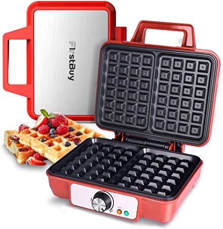 Amazon.com: FirstBuy Belgian Waffle Maker, 1080W Small Waffle Iron with Adjustable Temperature Control Knob, 2 Slices Square Non-Stick Waffle Machine with Cool-touch Handle and Indicator Lights for Children, Red: Home & Kitchen Diy Breakfast, Cake Machine, Waffle Machine, How To Make Waffles, Fluffy Waffles, Belgian Waffle Maker, Sandwich Toaster, Perfect Pancakes, Breakfast Waffles