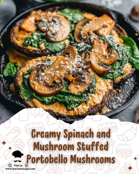 Luscious Recipes | Creamy Spinach and Mushroom Stuffed Portobello Mushrooms Recipe 🍄🌿🧀 | Facebook Roasted Cabbage Recipes, Stuffed Portobello Mushrooms, Portobello Mushroom Recipes, Mushroom Stuffed, Spinach And Mushroom, Stuffed Portobello, Seafood Bisque, Creamy Crab, Crab Stuffed Shrimp