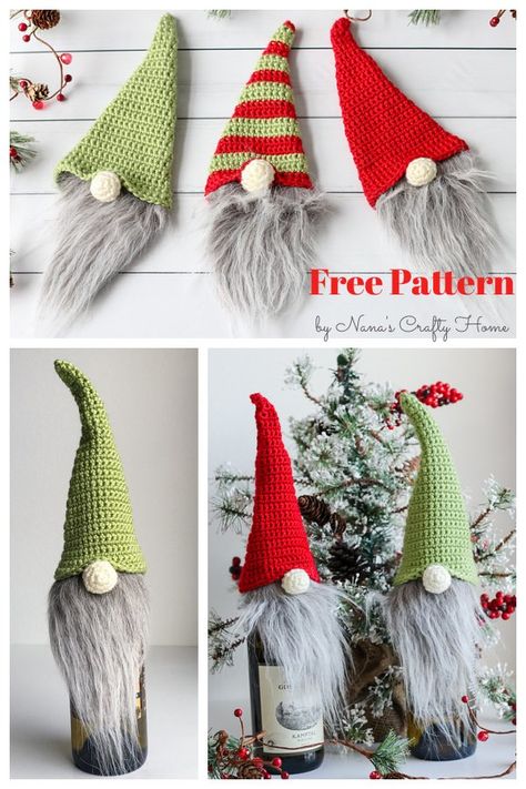 Christmas Gnome Bottle Topper Free Crochet Pattern Crochet Christmas Craft Fair Ideas, Crochet Gnomes Pattern Free, Wine Bag Pattern, Crocheted Ornaments, Crocheted Gifts, Christmas Wine Bottle Covers, Crochet Ornament Patterns, Wine Bottle Topper, Bottle Cozies