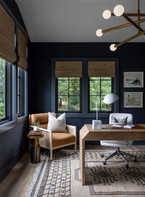 deep blue home office Blue Wall Home Office, Navy Blue Man Cave, Slate Blue Office, Dark Blue Office Ideas, Blue And Grey Office, Gray Blue Office, Navy Office Ideas, Navy Blue Office Ideas, Home Office Navy