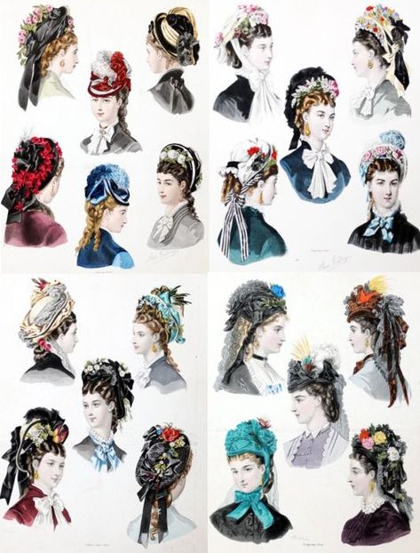 Ad of various bonnets Hairstyles Illustration, Diy Bonnet, Historical Hairstyles, Historical Hats, Historical Shoes, Ribbon Decoration, Victorian Hairstyles, Victorian Hats, Fresh Dress