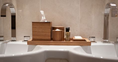 Amenities tray in situ Bathroom Amenities Tray, Bali Bedroom, Bathroom Amenities, Stunning Bathrooms, Hotel Amenities, Tray Design, Bathroom Collections, Wood Finish, Bali