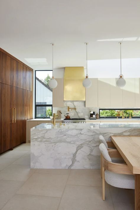 Waterfall Island Kitchen, Latest Kitchen Trends, Waterfall Countertop, Marble Kitchen Island, Waterfall Island, Vogue Living, Island With Seating, International Style, Luxury Kitchen Design