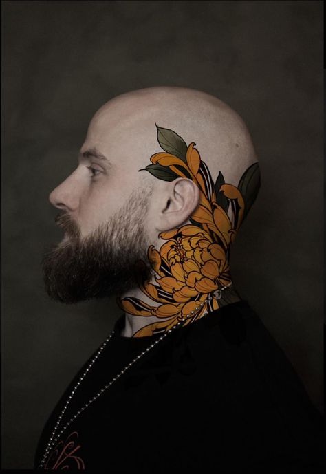 Color Throat Tattoo, Traditional Tattoo Neck, Flower Neck Tattoo, Celtic Tattoos For Men, Full Neck Tattoos, Side Neck Tattoo, Japanese Flower Tattoo, Neotraditional Tattoo, Throat Tattoo