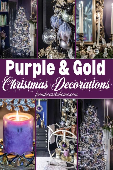 I love these purple and gold Christmas decorations! The tree is gorgeous and the evergreen garland and Christmas decor on the fireplace mantel is beautiful! Purple And Gold Christmas Tree, Gold Christmas Tree Decor, Purple Pillar Candles, Evergreen Garland, Purple Christmas Decorations, Christmas Decor Ideas For Bedroom, Purple Christmas Ornaments, Christmas Colour Schemes, Christmas Tree Decor Ideas