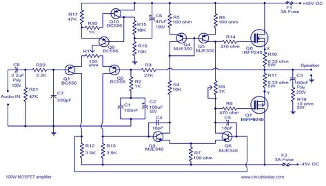 Hi-fi 100W mosfet power amplifier circuit . Operates from 45v dual supply. 100W to 8 ohm speaker, 160W to 4 ohm speaker, low distortion Subwoofer Wiring, Amplifier Design, Amplificatori Audio, Dayton Audio, Hifi Amplifier, Diy Amplifier, Subwoofer Amplifier, Electric Circuit, Electronic Circuit