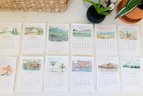 Art Calendar Design, Watercolour Calendar, Ink Landscape, Watercolor Calendar, Calligraphy Print, Birthday Calendar, Art Calendar, Verses For Cards, Desk Calendar