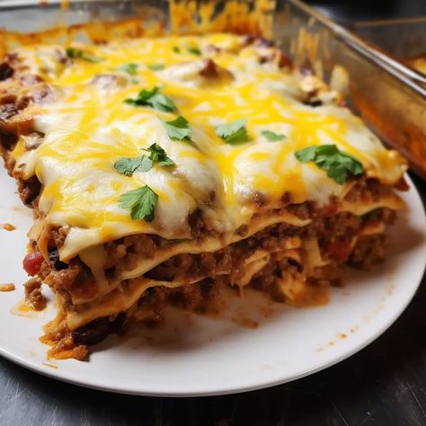 Mexican Taco Lasagna Mexican Taco Lasagna, Steak Quesadilla Recipes, Ineskohl Kitchen, Cheeseburger Soup Crockpot, Easy Corn Chowder, Baked Cream Cheese Spaghetti, Taco Lasagna, Slow Cooker Salisbury Steak, Chicken Broccoli Rice Casserole