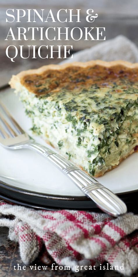 This Spinach and Artichoke Quiche ~ an easy meatless meal that proves that comfort food isn't all about meat and potatoes. #quiche #bestquiche #spinachquiche #quicherecipe #recipe #dinner #meatlessMonday #vegetarian #pie Spinach Artichoke Recipes, Artichoke Quiche, Vegetarian Pie, Vegetarian Quiche, Spinach Quiche Recipes, The View From Great Island, Meat And Potatoes, Quiche Recipes Easy, Meatless Meal