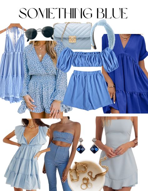 Brunch Bachelorette Party Outfit, Shades Of Blue Bachelorette Party, Something Blue Bachelorette Theme Outfits, Blue Dresses Bachelorette, Something Blue Outfit Ideas, Coastal Blue Outfits, Blue Themed Party Outfit, Blue And White Bachelorette Outfits, Blue Outfit Bachelorette