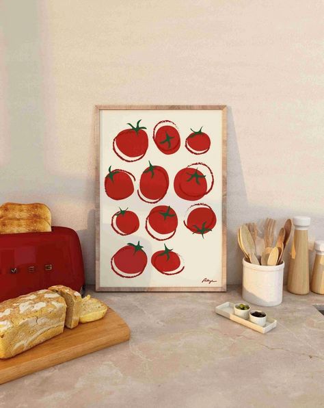 Elevate your space with my Tomato Art Print, where culinary charm meets playful poster aesthetics. Ideal for kitchen wall art or adding flair to your bar cart decor, it combines mid-century modern style with vibrant colors. A perfect choice for food enthusiasts seeking a distinctive gift or a lively touch for their new home. This tomato artwork, infused with vintage Italian poster allure and a pop art twist, is bound to impress.  All posters are crafted by a local artist, printed on matte gallery-quality paper, made to order, and sold unframed. Enjoy fast dispatch and delivery, with shipping within 24 hours and arrival in 3-8 business days. Free shipping on orders over $35. Vegetable Poster, Tomato Art, Italian Poster, Vintage Italian Posters, Food Prints, Poster Food, Italian Posters, Cart Decor, Bar Cart Decor