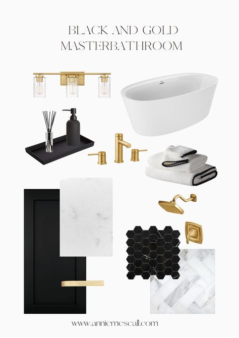 HOW WE DESIGNED OUR MODERN MASTER BATHROOM Black Faucets Bathroom, Black Faucets, Black Cabinetry, Modern Master Bath, Gold Bathroom Decor, Black And Gold Bathroom, Boy Bath, Modern Bathtub, Bathtub Walls