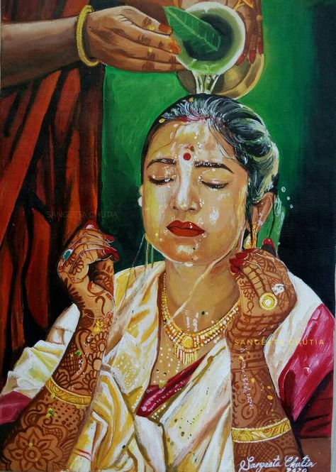 Acrylic painting on paper. #assamesebride #indianbride #girl #acrylic #acrylicpainting Bengali Women Painting, Indian Bride Painting, Veer Bhadra, Indian Culture Painting, Assam Culture Art, Village Life Painting, Assamese Wedding, Assamese Bride, Marriage Painting