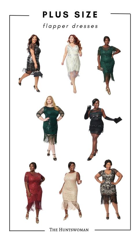 Collage of plus size flapper dresses in different colors from black to white to cream to red to gold and white Plus Size Great Gatsby, Gatsby Plus Size Dress, Plus Size Gatsby Dress, Plus Size 1920s Dress, Plus Size Gatsby Outfit, Plus Size Flapper Dress Roaring 20s, Plus Size Roaring 20s Outfit, Flapper Outfit Ideas, Great Gatsby Party Outfit Plus Size