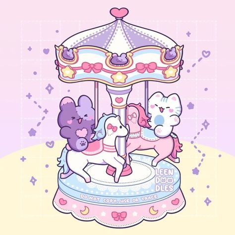 Carousel Art Drawing, Kawaii Animal Art, Kawaii Carousel, Kawaii Carnival, Carousel Drawing, Aesthetic Carousel, Kawaii Illustration Art, Carousel Illustration, Carousel Aesthetic