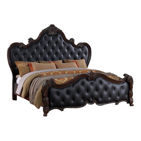 Features :  One king size bed  Sturdy wood and solid wood frame in a dark cherry brown finish  Black button tufted faux leather upholstered headboard and footboard  Ornate design arched headboard and curved footboard  Elegant carved details and scrollwork  Graceful cabriole legs  Classic, traditional style  Check out our Venta collection for more options  93.5L x 82W x 76.5H, in inches  0  0  0  0  0  0       Description:  Indulge in the luxurious comfort and traditional elegance of this king-si Leather Upholstered Headboard, Opulent Bedroom, Arched Headboard, Cherry Brown, Button Tufted Headboard, Solid Wood Bed, Wood Bed, Black Furniture, Black Bedding