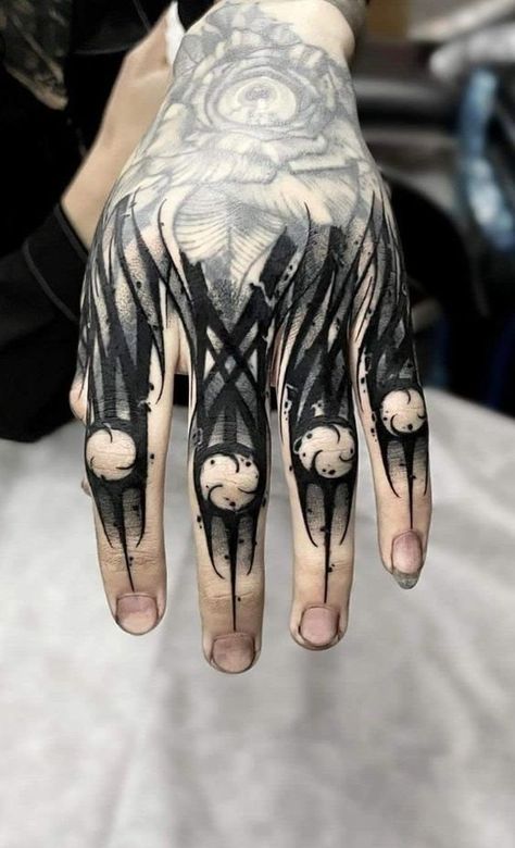 Blackwork Hand Tattoo Design, Goth Knuckle Tattoo, The World Serpent Tattoo, Blackout Finger Tattoo, Black Work Hand Tattoo, Dark Finger Tattoos, Black Out Hand Tattoo, Blackout Hand Tattoo, Black Finger Tattoo