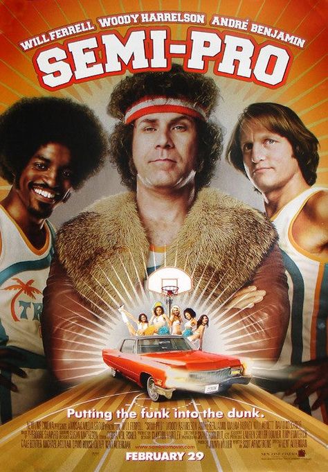 Semi-Pro (2.5 stars) Considering this is about a sport I really don't care for, it was a chore to watch. The movie is not funny, which is bad for a comedy. Ferrell only seems semi-interested in the character leading to a halfhearted attempt at substance. Harrelson and Benjamin phoned in their performances as well, Maura Tierney is always great in everything. A stupidly silly look at washed up and/or no good basketball players trying to make it to the league of divas. Will Ferell, Jackie Moon, Basketball Movies, Semi Pro, Flint Michigan, Comedy Movie, New Line Cinema, Pom Pom Girl, Sports Movie