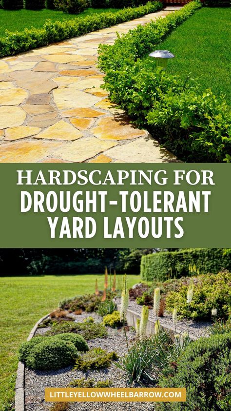 Looking for the best hardscaping ideas for your yard? It's smart since water conservation is becoming a way of life as more drought-prone areas are becoming the norm. In this post, I'm sharing the top hardscaping ideas and tips for drought-tolerant yards and gardens. This guide explores the best ways to incorporate hardscaping into your yard, with tips on plant pairings, paving options, and drought-tolerant ground covers. Find hardscaping ideas for the front yard and back yard. Garden layout Drought Tolerant Landscape Ideas, Hardscape Front Yard, Drought Tolerant Landscape Front Yard, Hardscaping Ideas, Plant Pairings, Garden Design Ideas On A Budget, Summer Flowers Garden, Ground Covers, Drought Tolerant Landscape