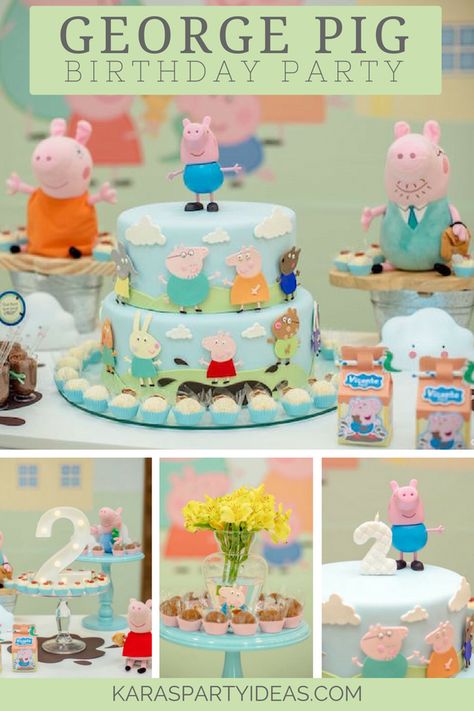 George Pig Birthday Party via Kara's Party Ideas - KarasPartyIdeas.com George Pig Cake, George Pig Birthday Party, 2nd Birthday Cake Boy, Pig Birthday Decorations, Pig Birthday Theme, George Pig Party, Peppa Pig Birthday Decorations, George Pig Birthday, Happy Birthday Sam