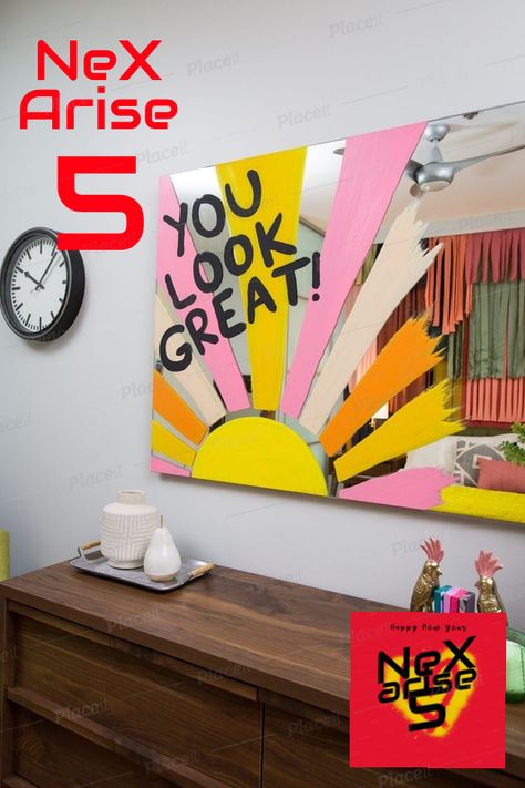 Office With Large Mirror, How To Paint On Mirror, Mirror Wall Decor Painting, Mural Mirror Art, Art In Mirror, Mirror Words Art, Cool Mirror Painting Ideas, Paint Mirror Diy, Painting Around Mirror On Wall